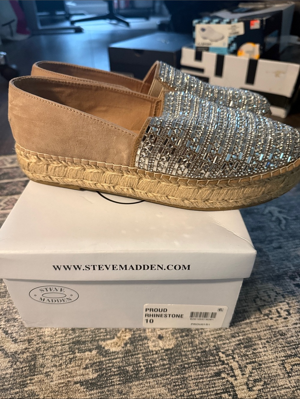 Steve Madden Espadrille Slip-On in Taupe with Silver Rhinestones
